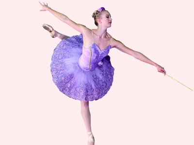 Ballerina in a purple classical tutu in an attitude.